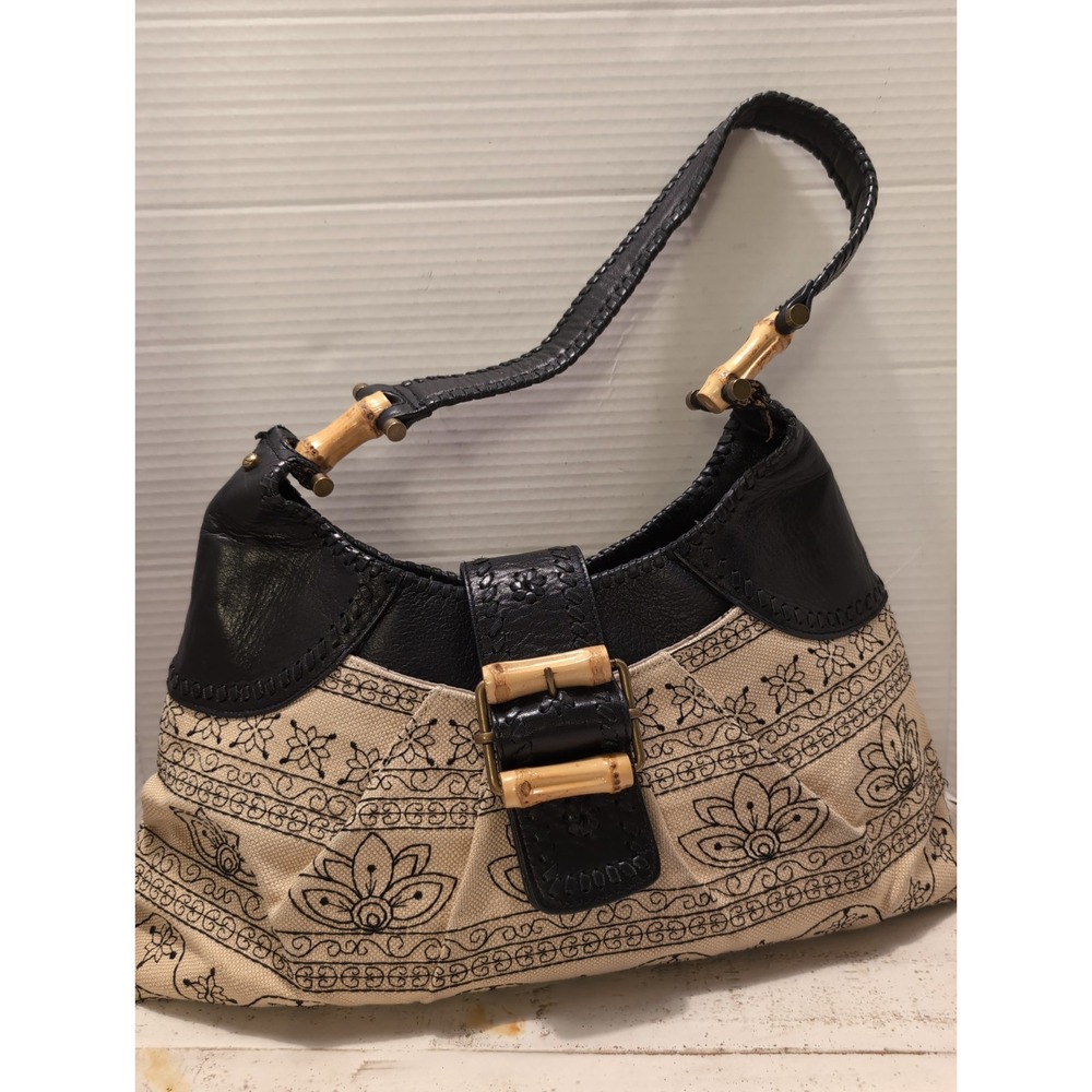 Kate Landry Beige & Black Embroidered Hobo Bag with Bamboo Accents